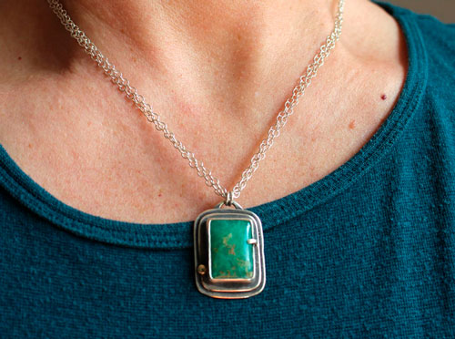 Sanctuary, Celtic sacred rectangle necklace in silver, gold, and chrysoprase