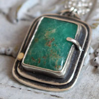 Sanctuary, Celtic sacred rectangle necklace in silver, gold, and chrysoprase