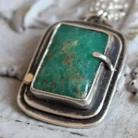 Sanctuary, Celtic sacred rectangle necklace in silver, gold, and chrysoprase