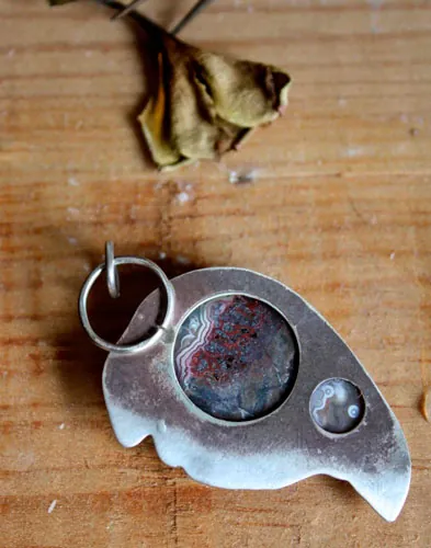 Sayap, dragon wing pendant in silver and Mexican Crazy Lace agate