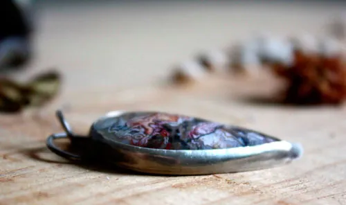 Sayap, dragon wing pendant in silver and Mexican Crazy Lace agate