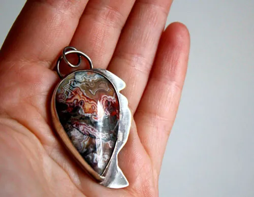 Sayap, dragon wing pendant in silver and Mexican Crazy Lace agate