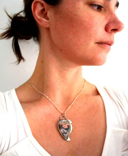 Sayap, dragon wing pendant in silver and Mexican Crazy Lace agate