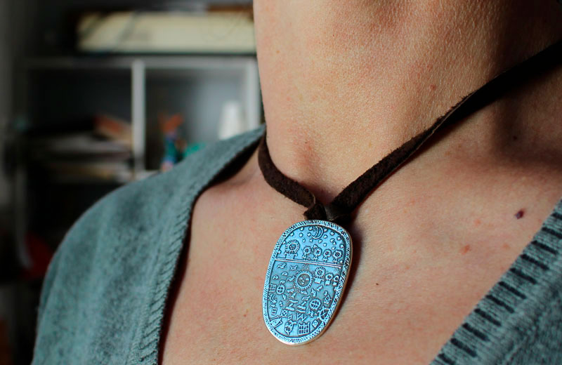 Shamanic drum, Scandinavian Sami necklace in sterling silver