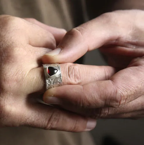 Sherlock Holmes, neo-Victorian steampunk gear ring in silver and garnet