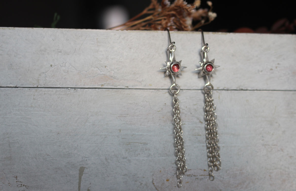 Shooting star, celestial wish earrings in silver and pink tourmaline