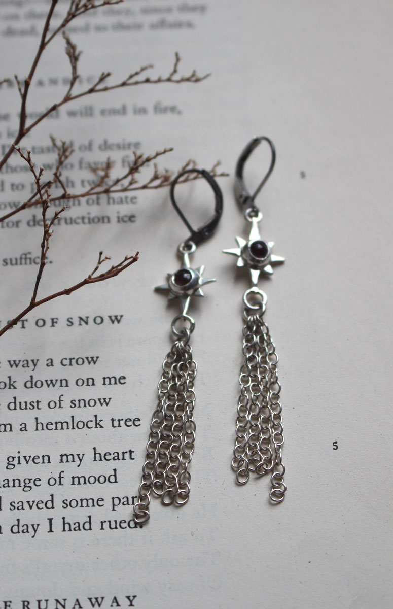 Shooting star, celestial wish earrings in silver and pink tourmaline