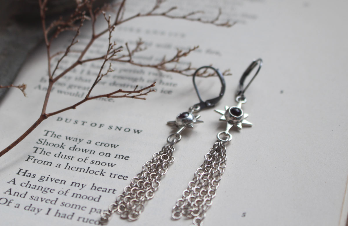 Shooting star, celestial wish earrings in silver and pink tourmaline