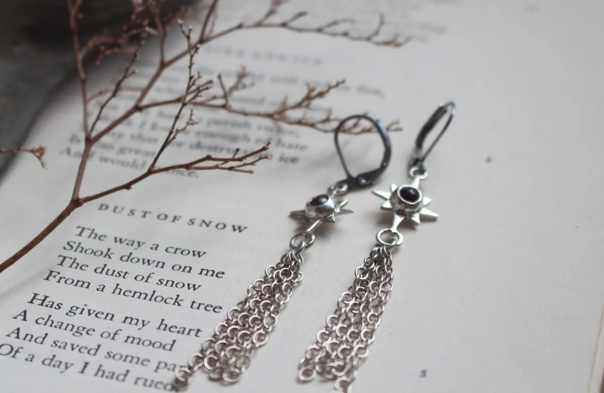 Shooting star, celestial wish earrings in silver and pink tourmaline