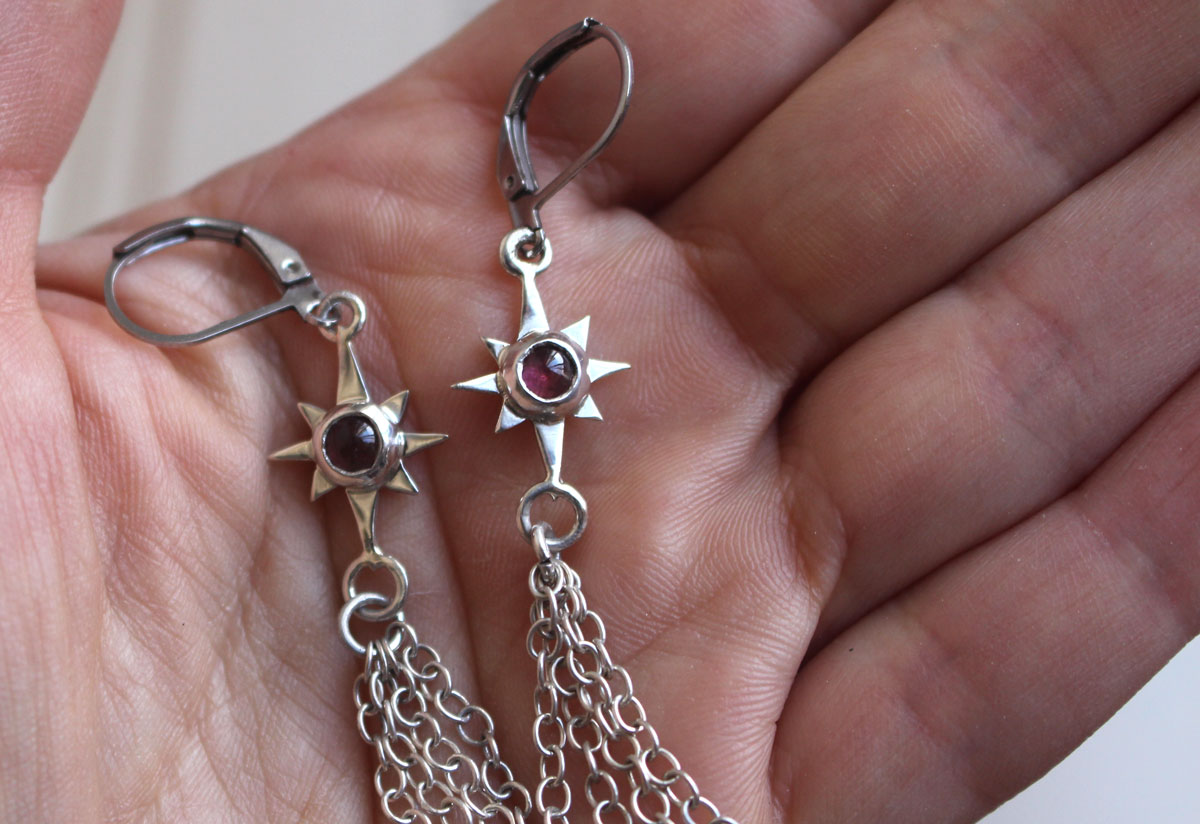 Shooting star, celestial wish earrings in silver and pink tourmaline
