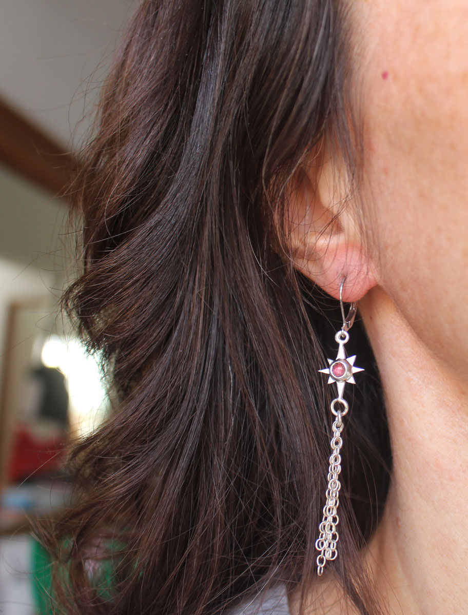 Shooting star, celestial wish earrings in silver and pink tourmaline