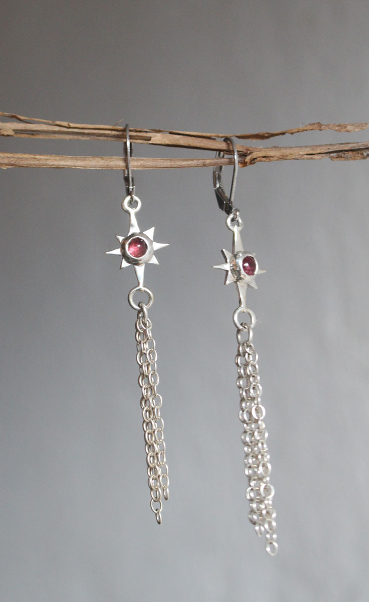 Shooting star, celestial wish earrings in silver and pink tourmaline