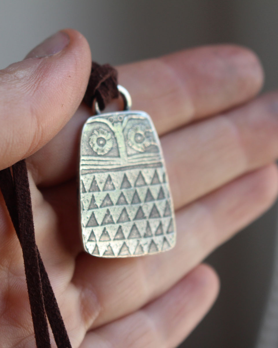 Small neolithic owl, Copper Age bird necklace in silver