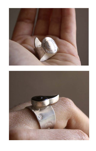Snigill, infinity snail ring in sterling silver and rainbow obsidian