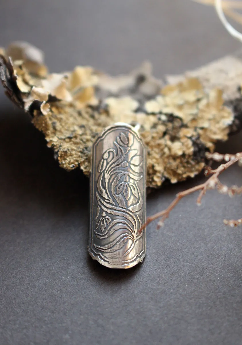 Snowdrop flower case, tubular botanical and perfume diffuser pendant in silver