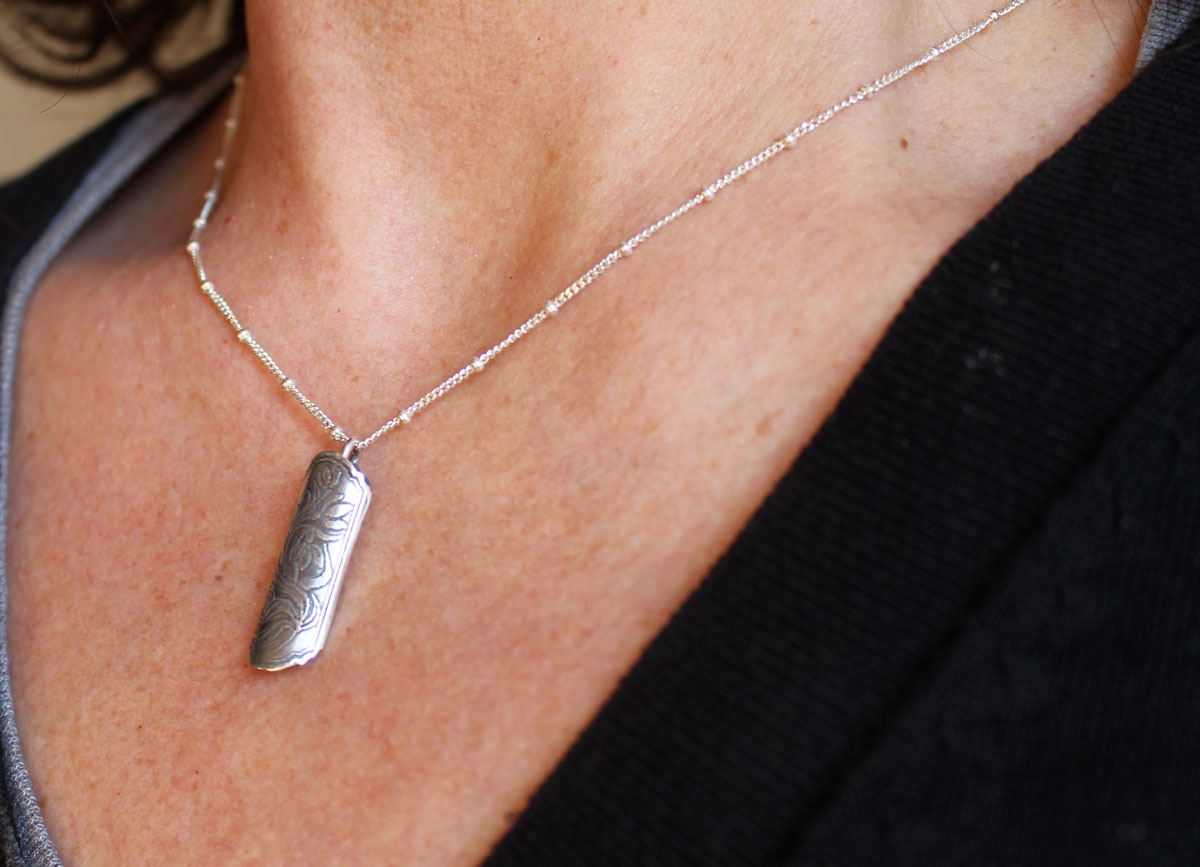 Snowdrop flower case, tubular botanical and perfume diffuser pendant in silver