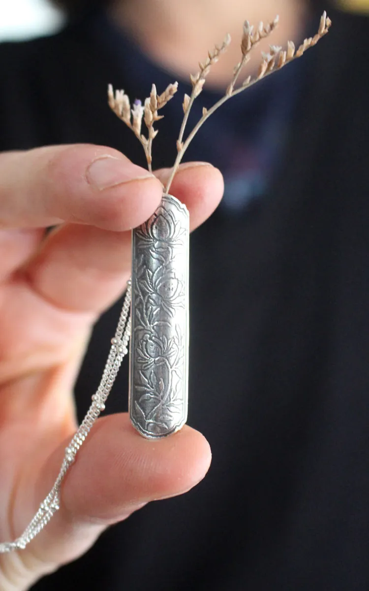 Snowdrop flower case, tubular botanical and perfume diffuser pendant in silver