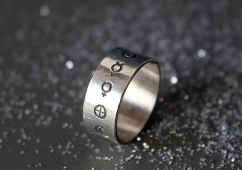 solar system, cosmic planetary symbols ring in sterling silver