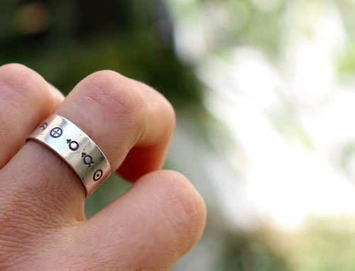 solar system, cosmic planetary symbols ring in sterling silver