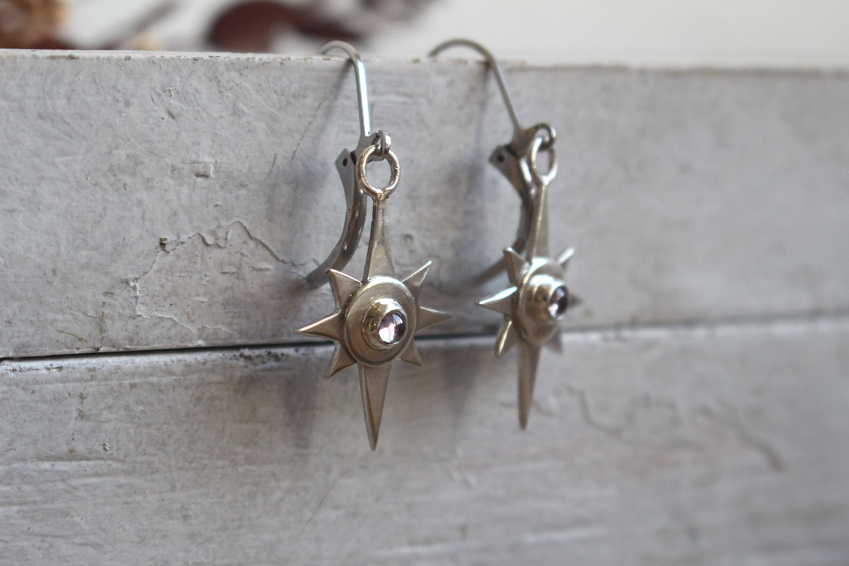 Solitary star, nocturnal guide earrings in silver and zircon