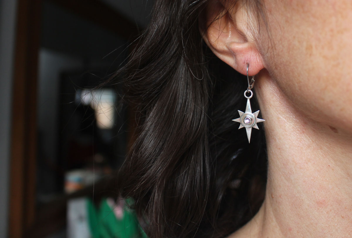 Solitary star, nocturnal guide earrings in silver and zircon