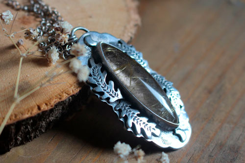 Solstice moon, oak leaf necklace in silver and rutilated quartz