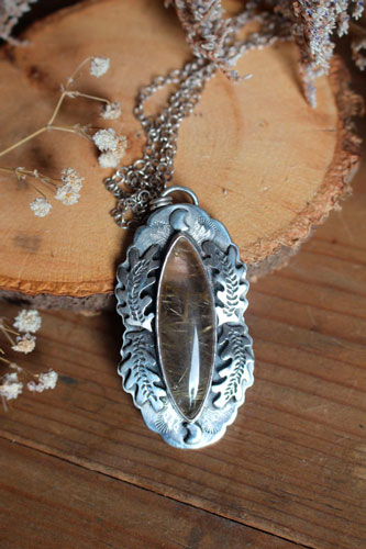 Solstice moon, oak leaf necklace in silver and rutilated quartz