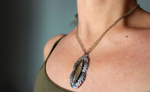 Solstice moon, oak leaf necklace in silver and rutilated quartz