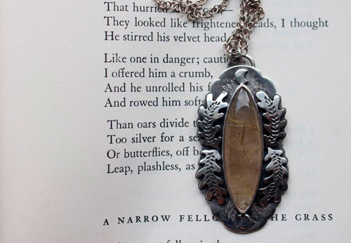 Solstice moon, oak leaf necklace in silver and rutilated quartz