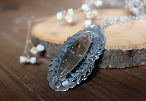 Solstice moon, oak leaf necklace in silver and rutilated quartz