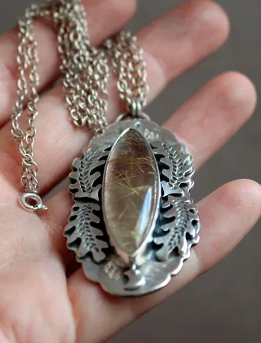 Solstice moon, oak leaf necklace in silver and rutilated quartz