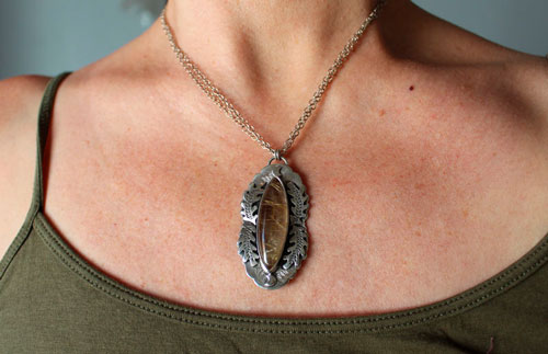 Solstice moon, oak leaf necklace in silver and rutilated quartz