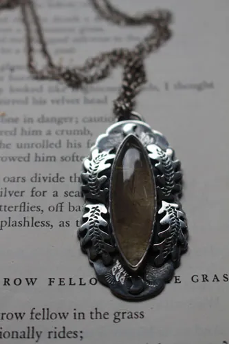 Solstice moon, oak leaf necklace in silver and rutilated quartz