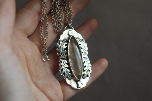Solstice moon, oak leaf necklace in silver and rutilated quartz