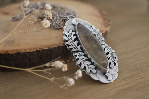 Solstice moon, oak leaf necklace in silver and rutilated quartz