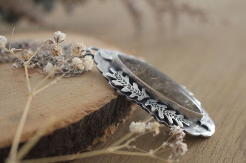 Solstice moon, oak leaf necklace in silver and rutilated quartz