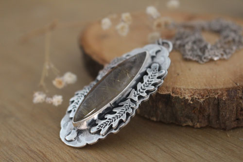 Solstice moon, oak leaf necklace in silver and rutilated quartz