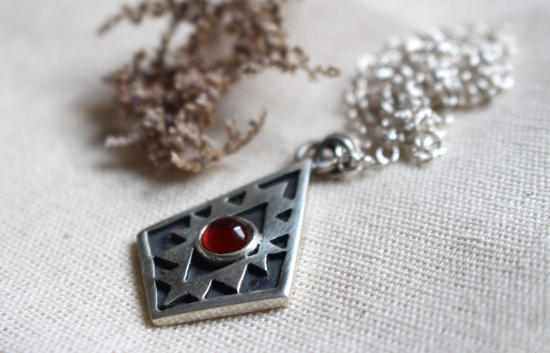 Soul mirror, Aztec cross necklace in sterling silver and carnelian
