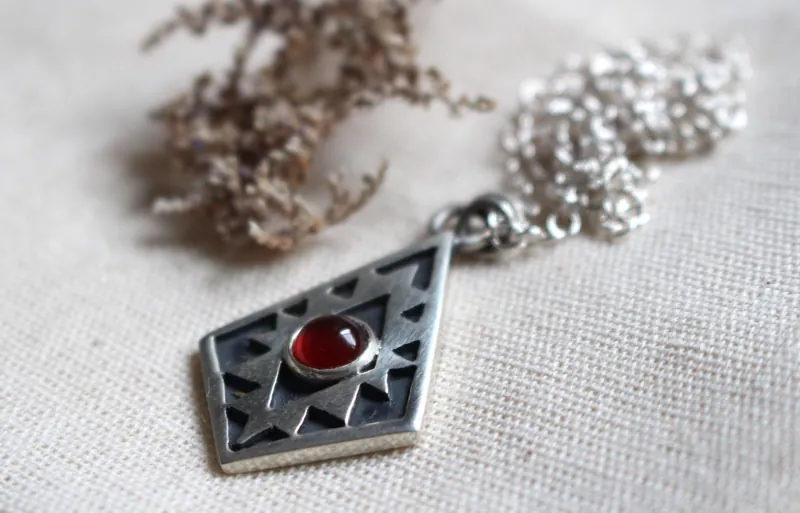 Soul mirror, Aztec cross necklace in sterling silver and carnelian