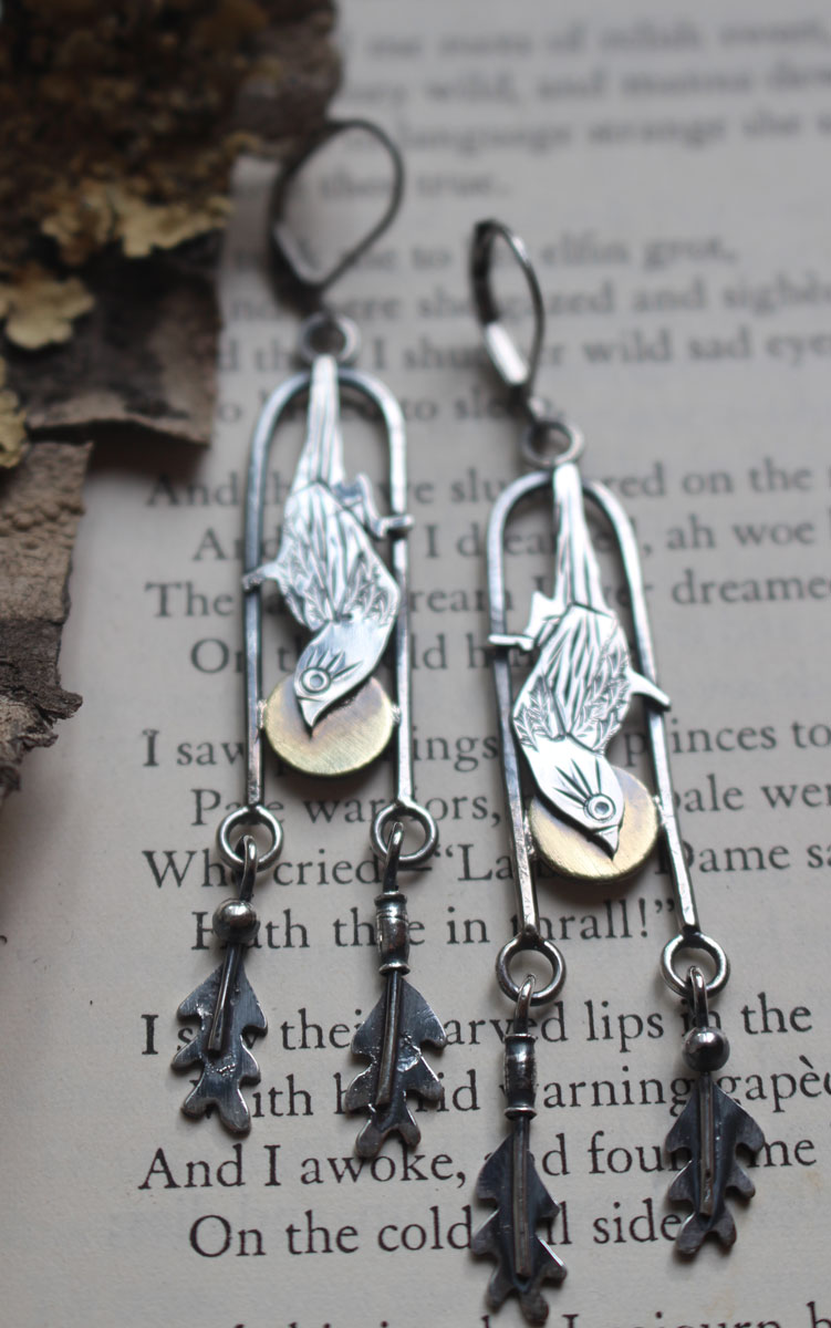 Sparrow, Japanese bird earrings in silver and brass