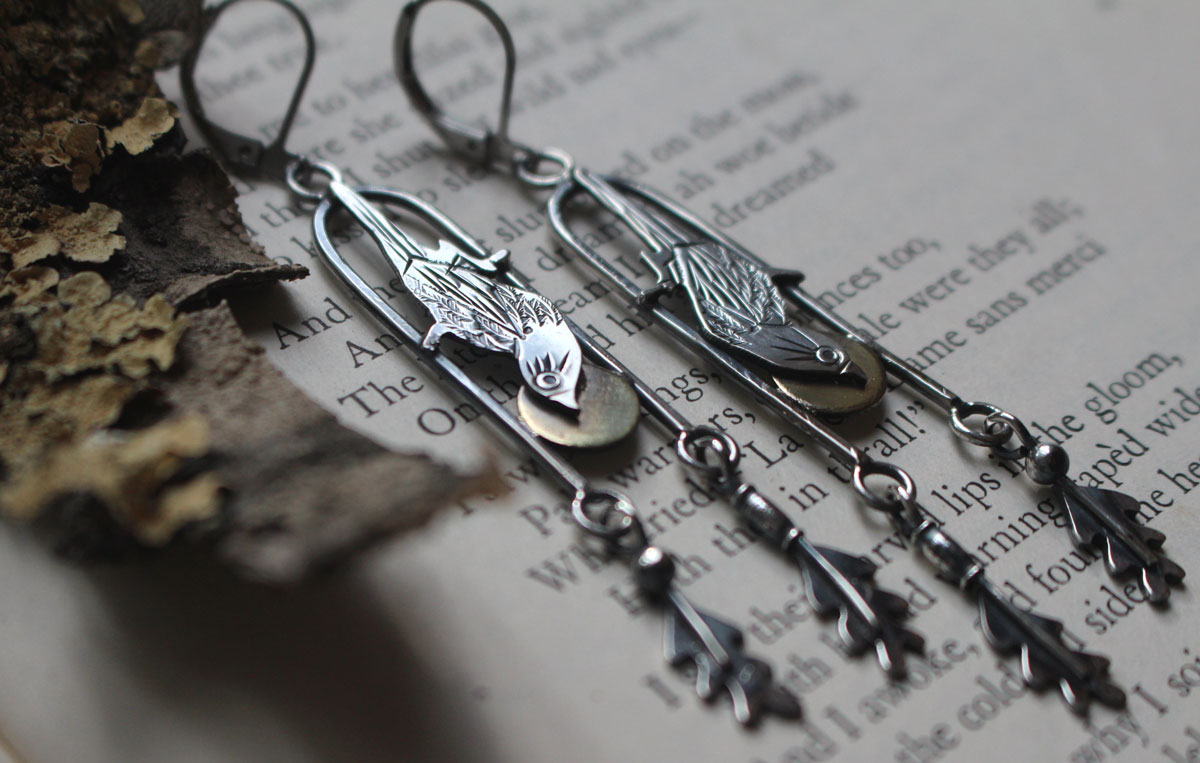 Sparrow, Japanese bird earrings in silver and brass