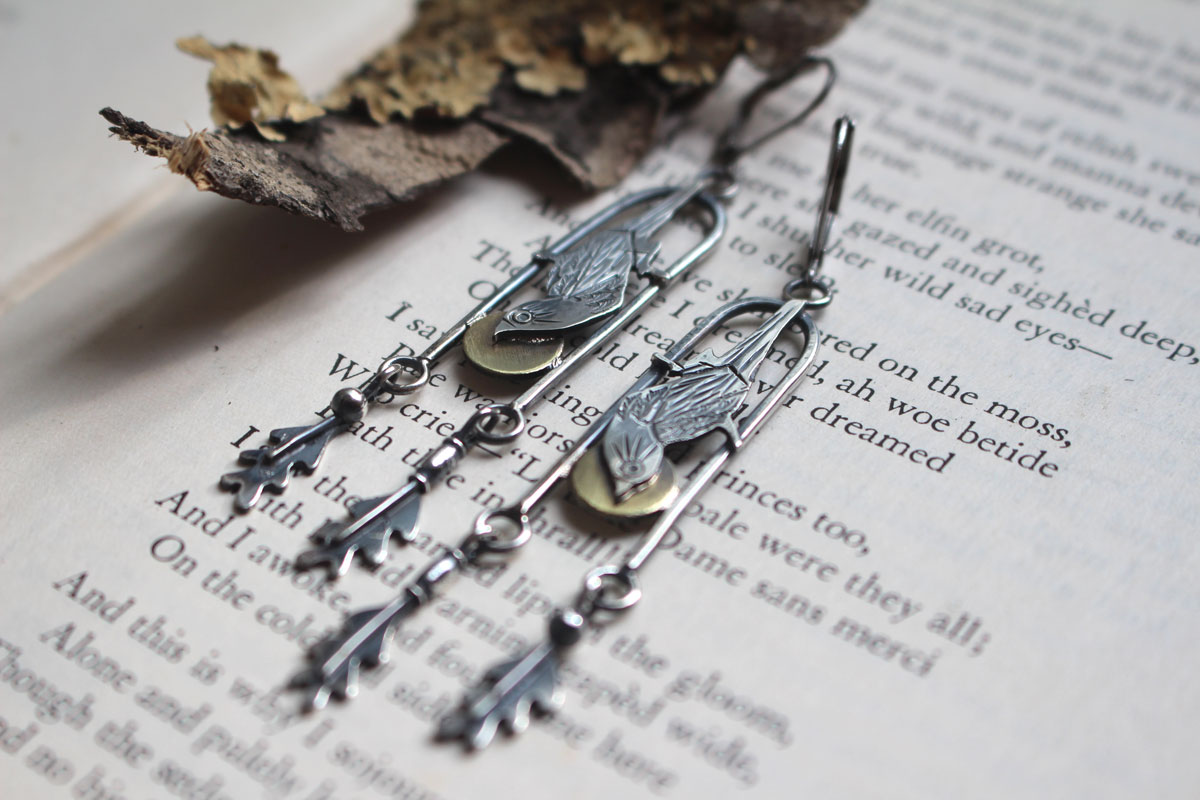 Sparrow, Japanese bird earrings in silver and brass