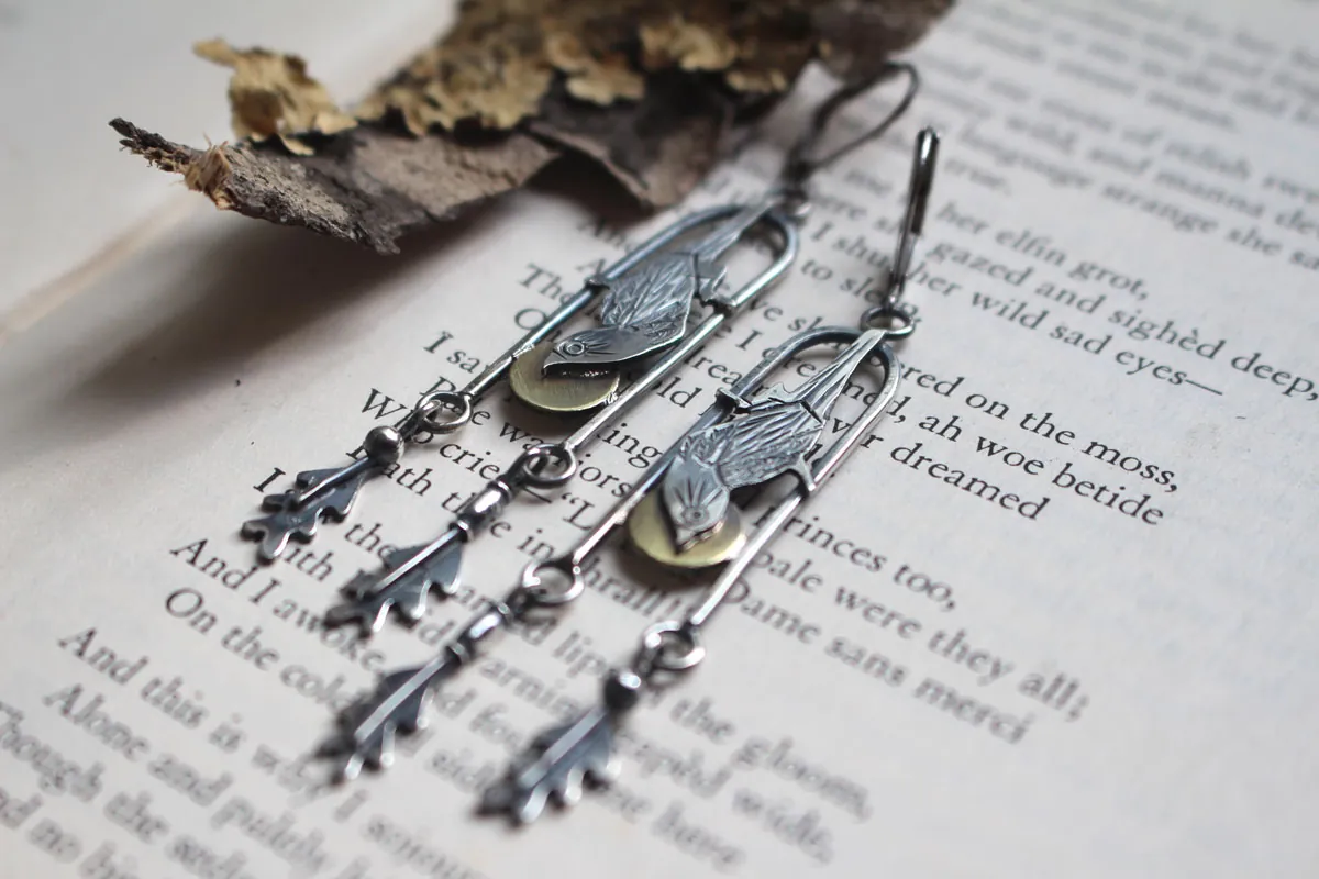 Sparrow, Japanese bird earrings in silver and brass