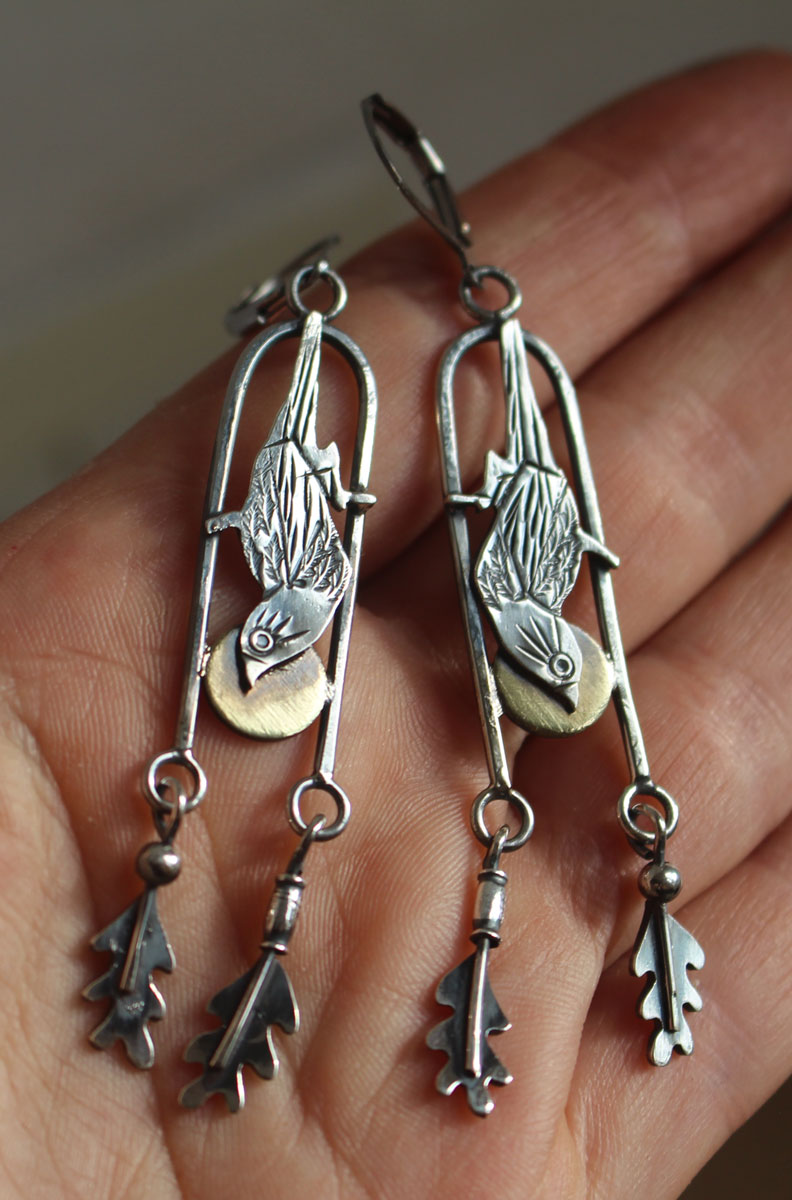 Sparrow, Japanese bird earrings in silver and brass