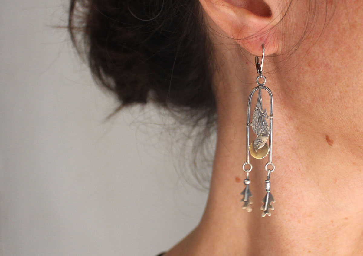 Sparrow, Japanese bird earrings in silver and brass
