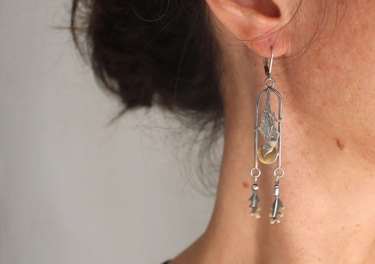 Sparrow, Japanese bird earrings in silver and brass