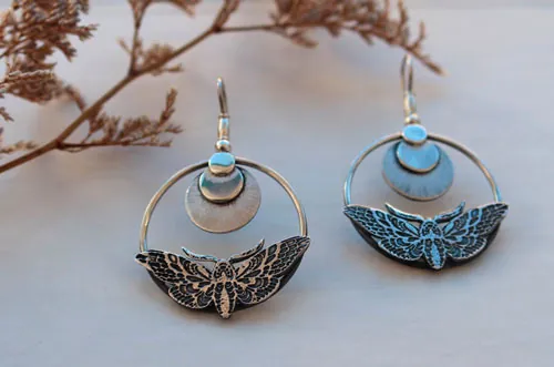 Sphinx, moth and moon earrings in sterling silver