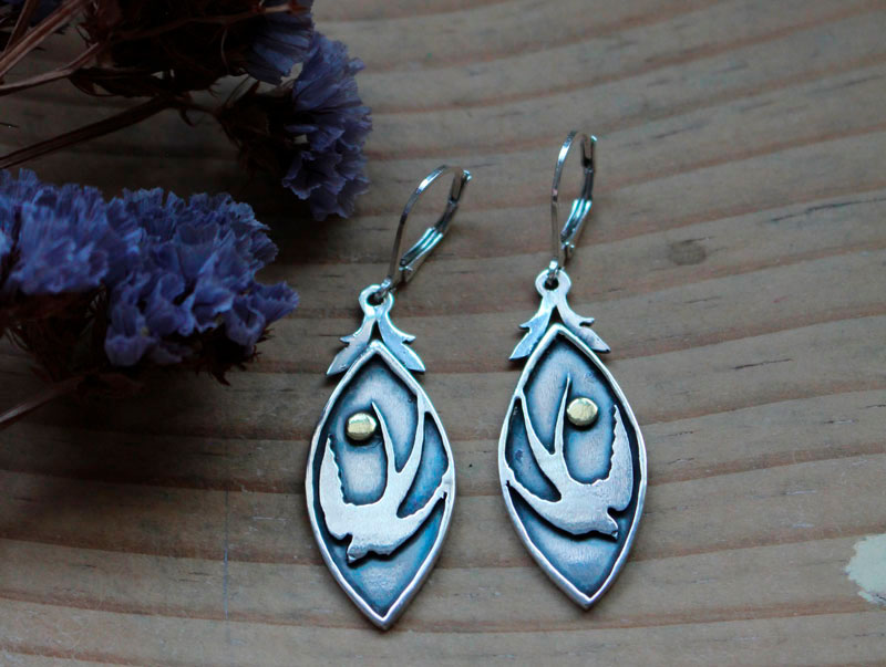 Spring swallow, bird and sun earrings in silver and brass