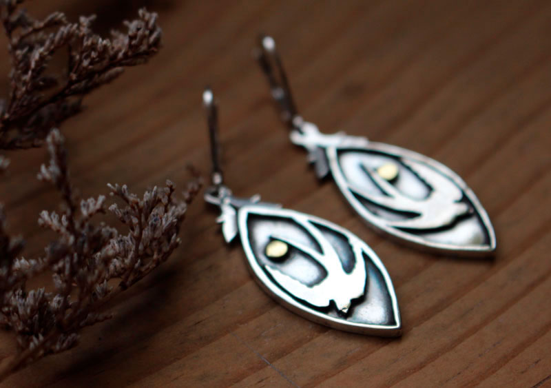 Spring swallow, bird and sun earrings in silver and brass