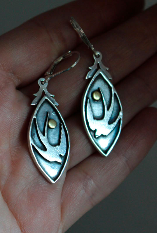 Spring swallow, bird and sun earrings in silver and brass